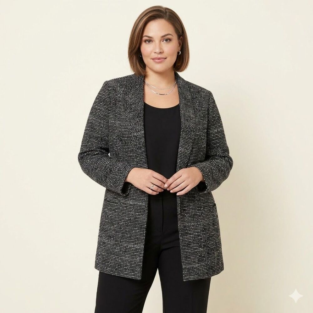 Alfani Longline Black & White Open Front Career Casual Plus Jacket Blazer SZ 22W